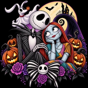 May include: A graphic illustration featuring Jack Skellington and Sally from The Nightmare Before Christmas, accompanied by Zero the ghost dog, surrounded by glowing orange jack-o'-lanterns, purple roses, and a black and white striped bow.