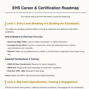 May include: A document titled EHS Career & Certification Roadmap, providing a step-by-step guide from field safety to executive leadership. It outlines Level 1: Entry-Level, detailing job search strategies, networking, and essential certifications like OSHA.
