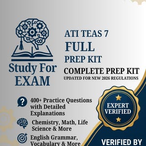 Op de afbeelding: Een digitale studiegids voor het ATI TEAS 7 examen. Het document bevat een hersenpictogram en de tekst "ATI TEAS 7 FULL PREP KIT", "Study For EXAM", "400+ Practice Questions", "Chemistry, Math, Life Science & More" en "English Grammar, Vocabulary & More".