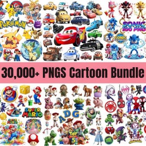 Puede incluir: Una colección digital de más de 30.000 imágenes PNG de dibujos animados con varios personajes de Pokemon, Cars, Sonic, Super Mario, Toy Story y Spidey, mostrados en un collage con el texto 30,000+ PNGS Cartoon Bundle.