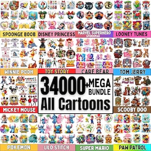 Puede incluir: Una colección digital de más de 34000 gráficos de personajes de dibujos animados organizados en categorías que incluyen SpongeBob, Disney Princess, Marvel, Looney Tunes, Winnie the Pooh, Toy Story, Care Bears, Tom y Jerry, Mickey Mouse y Pokemon.