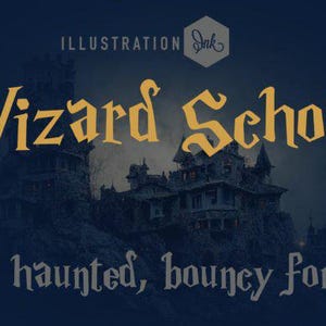 May include: A digital graphic featuring the text Wizard School in a gold, stylized font with lightning bolt accents on the W. Below, the text a haunted, bouncy font appears in white. The background shows a dark, stone castle at night.