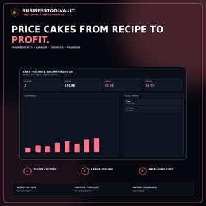 May include: A digital dashboard titled BUSINESSSTOOLVAULT CAKE PRICING & BAKERY ORDER OS. The interface displays metrics including revenue of €24.8K, profit of €8.6K, and a 34.7% margin. It features a performance bar chart, recent orders, and steps for recipe costing, labour pricing, and packaging cost.