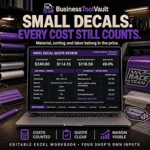 May include: A laptop screen displaying a Business ToolVault vinyl decal quote review spreadsheet. The interface shows job details, material costs, and profit margins in USD. Text includes 'SMALL DECALS. EVERY COST STILL COUNTS.' and 'EDITABLE EXCEL WORKBOOK'.
