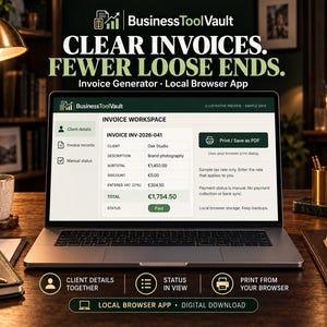 May include: A laptop displaying the BusinessToolVault invoice generator interface with the text CLEAR INVOICES. FEWER LOOSE ENDS. The screen shows an invoice workspace with client details, subtotal, discount, VAT, and a total of €1,754.50.