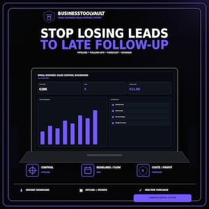 May include: A digital sales control dashboard interface titled BUSINESSTOOLVAULT. The screen displays metrics including pipeline, due tasks, and revenue forecast in purple and white text on a dark background, featuring a bar chart and task list.