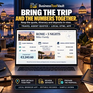 May include: A laptop displaying a travel itinerary for a Rome trip with a total cost of €2,243.60. The screen shows client proposal details, flight and hotel costs, and a deposit register. The laptop is surrounded by a travel journal, pen, and passport.