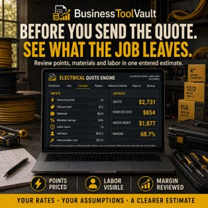 May include: A laptop displaying the BusinessToolVault Electrical Quote Engine software interface. The screen shows input fields for electrical points, labour hours, and costs, alongside output calculations for quote, modelled cost, and gross profit.