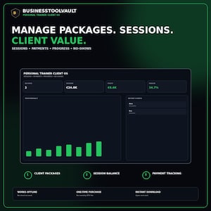 May include: A digital dashboard interface titled BUSINESSSTOOLVAULT PERSONAL TRAINER CLIENT OS. It features sections for managing packages, sessions, payments, progress, and no-shows. The display includes metrics for revenue, profit, and margin, alongside a performance bar chart and a list of recent clients.