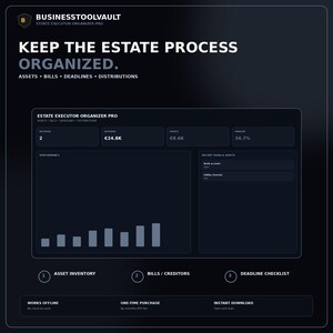 May include: A dark-themed digital dashboard titled Estate Executor Organizer Pro. It displays financial metrics including records, revenue of €24.8K, profit of €8.6K, and a 34.7% margin. Features include a performance bar chart, task lists, and sections for asset inventory, bills, and deadlines.