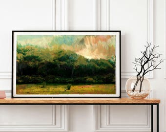 Arte de la pared del bosque, arte de medios mixtos, impresión de arte de árboles, arte de la pared del paisaje, arte del collage, impresión del bosque, arte de la pared verde