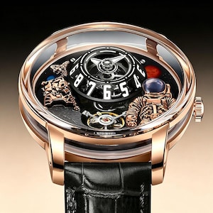 May include: A rose gold wristwatch with a black leather strap featuring a space-themed dial. The dial displays a central rotating hour disc with white numerals, a miniature gold astronaut figure, a lunar lander, and a small red planet.