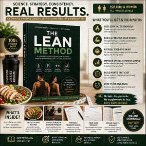 May include: A book titled The Lean Method with a dark green cover, featuring text about evidence-based fat loss. Beside it are a black shaker bottle, a bowl of chicken and salad, a measuring tape, and printed progress trackers and logs.