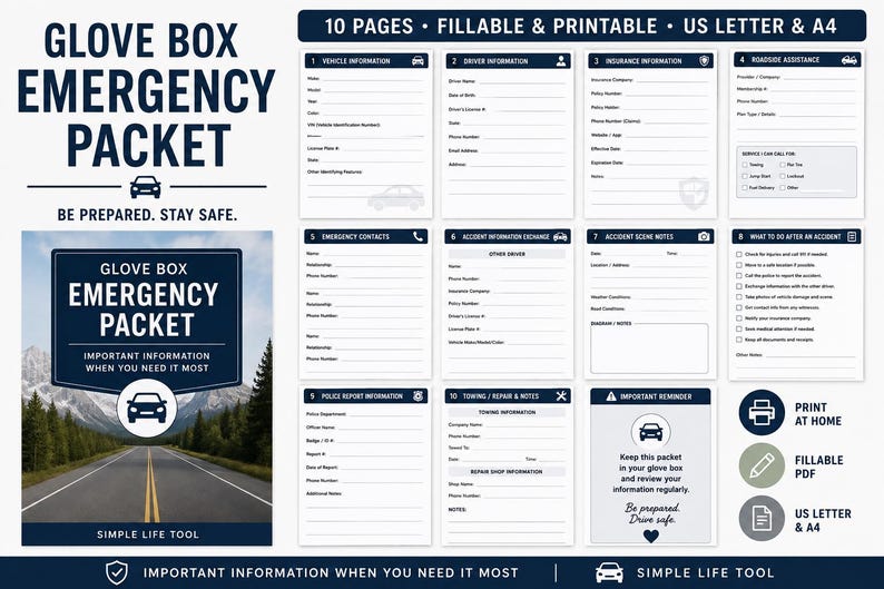 Fillable Form Layout Glove Box Emergency Packet, Car Accident Information Forms, Vehicle ...