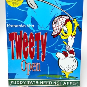 Letrero vintage de Tweety Golf, letrero de la Asociación de Golf de los Looney Tunes, letrero del torneo abierto de Tweety Bird, coleccionable de Tweety Golf de los 90, decoración divertida de golf