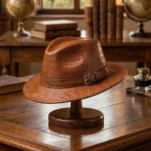 May include: A brown fedora hat with a textured crocodile skin pattern. The hat features a matching brown leather band around the crown, secured with a metal buckle. It is displayed on a round wooden stand, showcasing the structured brim and crown.