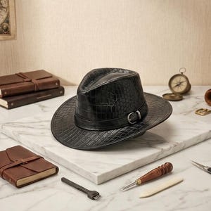 May include: A black fedora hat with a textured crocodile skin pattern, featuring a matching black leather band and a silver-toned metal buckle. The hat is positioned centrally, surrounded by various leather crafting tools and brown leather journals.