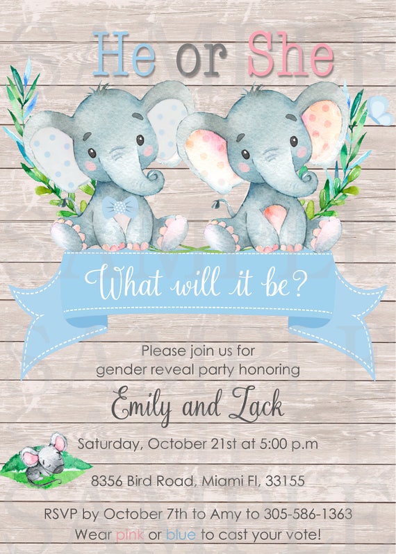 Download Cute Boy Or Girl Gender Reveal Baby Elephant Invitation Etsy