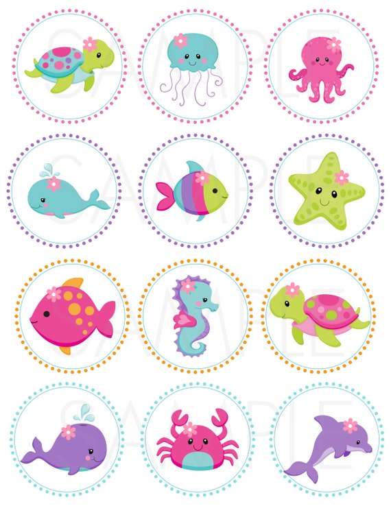 Pink Under the Sea- 2" Printable Cupcake Toppers /Gift Favor Tags/Stickers ***NOT Personalized*** Il_570xn