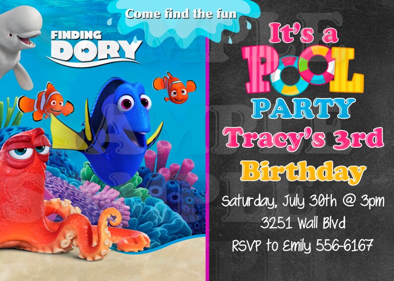 kids finding dory nemo invitation printable birthday etsy