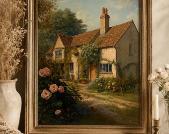 Tableau vintage à imprimer représentant une campagne anglaise, peinture à l'huile, style cottagecore, paysage ancien (téléchargement numérique).