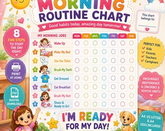 Tableau de routine matinale à imprimer, Tableau de routine quotidienne pour enfants, Emploi du temps visuel pour tout-petits, Tableau de récompenses pour enfants