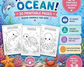 Coloriages d'animaux marins à imprimer, Coloriages pour enfants sur la vie marine, Téléchargement instantané
