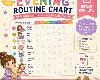 Tableau de routine du soir à imprimer, Tableau de routine du coucher pour enfants, Emploi du temps visuel pour tout-petits, Tableau de routine quotidienne