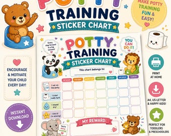 Tableau d'autocollants imprimable pour l'apprentissage de la propreté, tableau de récompenses pour l'apprentissage de la propreté chez les tout-petits, tableau hebdomadaire d'apprentissage de la propreté