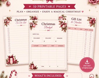 Utskrivbar julplanerare, julkalender, julbudget och presentspårare, inköpslista, julchecklista i PDF-format