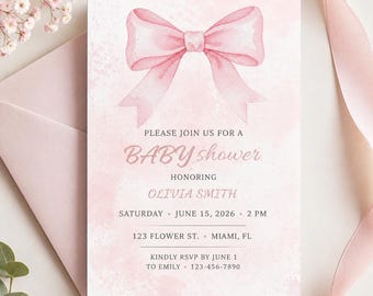 Modèle d'invitation pour baby shower avec nœud rose, motif aquarelle Coquette (téléchargement numérique)