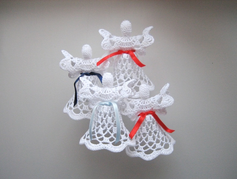 Set of 4 white crochet angels. Angel decoration. Christmas angel decor. Christening Wedding decor. Angel ornament. Christmas bell image 4