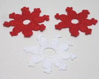 9 red white crochet flower ornaments. Crochet Christmas decor. Lace snowflake ornament set 9. Scrapbooking applique.