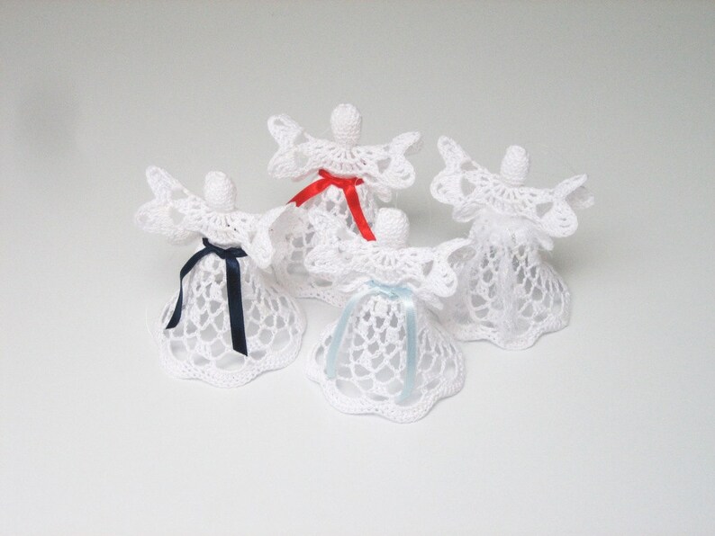 Set of 4 white crochet angels. Angel decoration. Christmas angel decor. Christening Wedding decor. Angel ornament. Christmas bell image 3