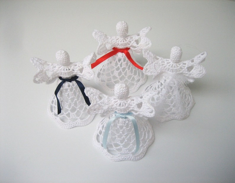 Set of 4 white crochet angels. Angel decoration. Christmas angel decor. Christening Wedding decor. Angel ornament. Christmas bell image 2