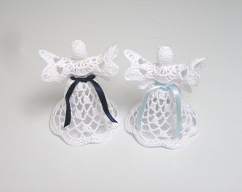 Set of 2 white crochet angels. Angel decoration. Christmas angel decor. Christening Wedding decor. Angel ornament. Christmas bell