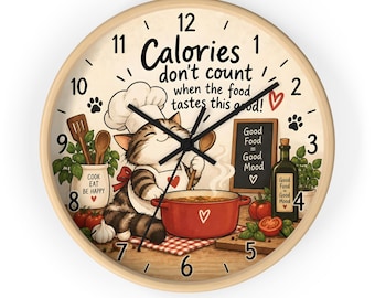 Funny Cat Kitchen Wall Clock, Cooking Cat Clock, Calories Dont Count Food Lover Decor, Cute Chef Cat Wall Decor