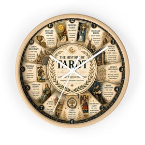 May include: A round wall clock with a light wood frame and white hands. The face features a detailed historical timeline of tarot cards, divided into twelve sections with illustrations, dates, and text including The History of Tarot.