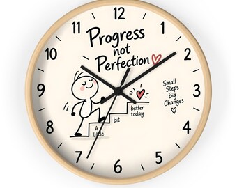 Progress Not Perfection Wall Clock, Inspirational Quote Clock, Motivational Home Decor, Positive Mindset Wall Clock, Self Improvement Gift