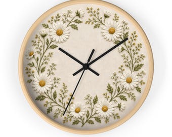 Daisy Wall Clock, Embroidery Effect Design, Floral Botanical Decor, Cottagecore Clock, Nature Wall Art