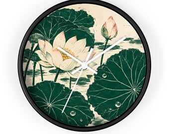 Lotus Flower Wall Clock, Japanese Lotus Art Clock, Elegant Botanical Wall Decor, Water Lily Wall Clock, Zen Asian Home Decor