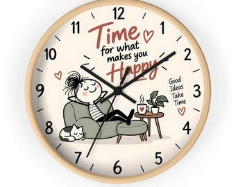 Happy Time Wall Clock, Inspirational Quote Clock, Cute Relaxation Wall Decor, Cozy Living Room Clock, Positive Quote Home Decor
