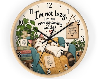 Funny Cat Wall Clock, Energy Saving Mode Clock, Cute Sleeping Cat Decor, I'm Not Lazy Quote Clock, Cozy Home Decor, Cat Lover Gift