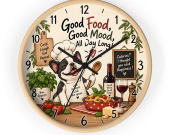 French Bulldog Kitchen Wall Clock, Chef Dog Cooking Clock, Good Food Good Mood Decor, Funny Food Lover Wall Decor, Kitchen Clock