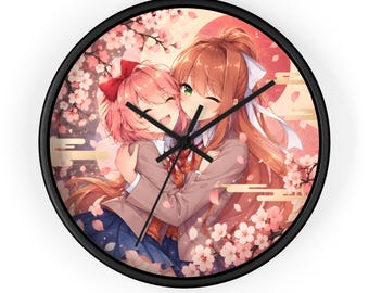 Anime Girls Wall Clock, Cute Japanese Anime Couple Clock, Cherry Blossom Wall Decor, Kawaii Sakura Clock, Manga Monika Sayoti