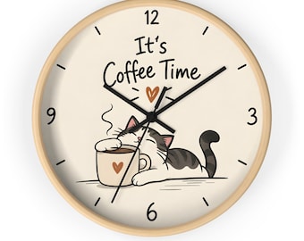 Coffee Time Cat Wall Clock, Cute Cat & Coffee Clock, Funny Coffee Lover Wall Decor, Cozy Kitchen Clock, Café Home Decor