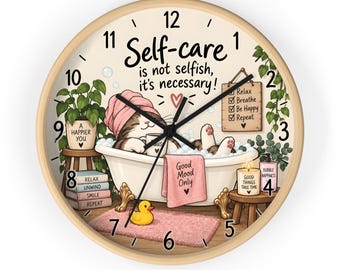 Self Care Wall Clock, Cute Cat Bath Clock, Relax Breathe Be Happy Decor, Spa Bathroom Wall Decor, Cozy Cat Lover Gift, Wellness Home Decor
