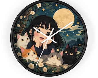 Anime Cat Wall Clock, Kawaii Gir Cats Clock, Japanese Night Scene Wall Decor, Moon & Cat Lover Clock, Cute Anime Inspired Home Decor