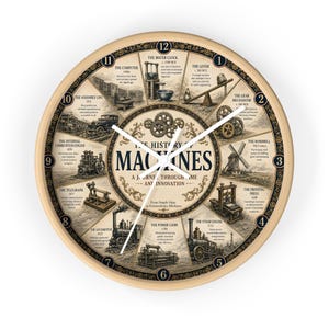 May include: A round wall clock with a light wood frame featuring a beige face titled The History of Machines. It displays twelve historical inventions including the water clock, lever, gear mechanism, windmill, printing press, steam engine, and locomotive.