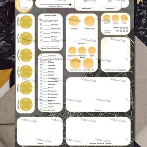 May include: A tabletop role-playing game character sheet printed on dark gray paper with celestial patterns. It features gold-colored circular fields for stats, white rectangular boxes for character details, and lists for skills and saving throws.